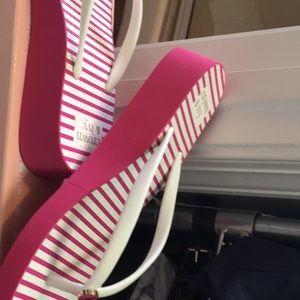 White/hot pink wedge flip flop style slides